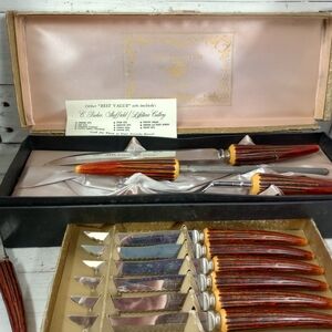Sheffield Crown Crest Stainless Steel Faux Stag Horn / Antler Knife Set Vintage
